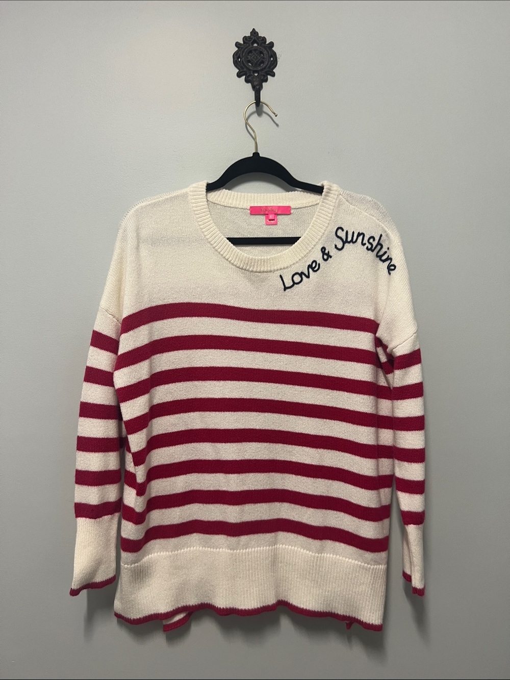 Lilly Pulitzer White Crewneck Sweater with Pink Stripes